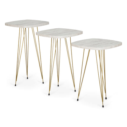 Crystal Set of 3 Square Side Tables - White Marble & Gold-5056536101242-Bargainia.com