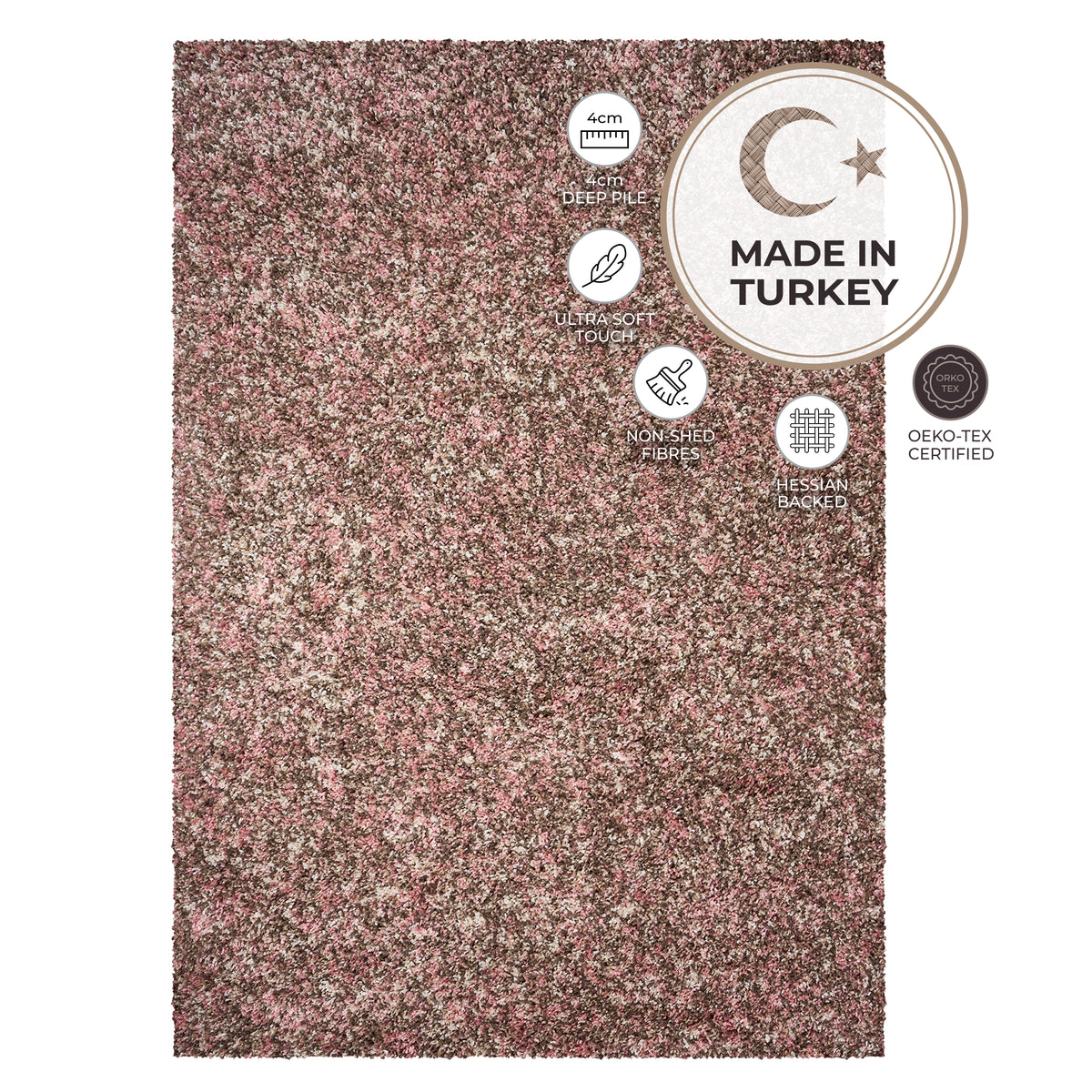 Enjoy Rose Pink Mottled Shaggy Rug, Thick 40mm Pile, Non-Shedding Polypropylene, Hessian Backed, Multiple Sizes