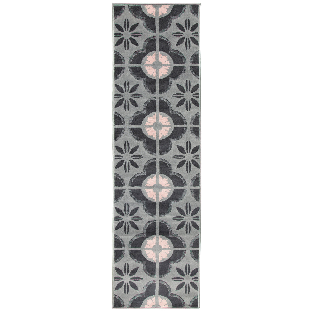 Texas Pink and Grey Floral Tile Stair Runner, Hessian Backed Hallway Runner, 60cm Wide, 9mm Low Pile, Custom Lengths