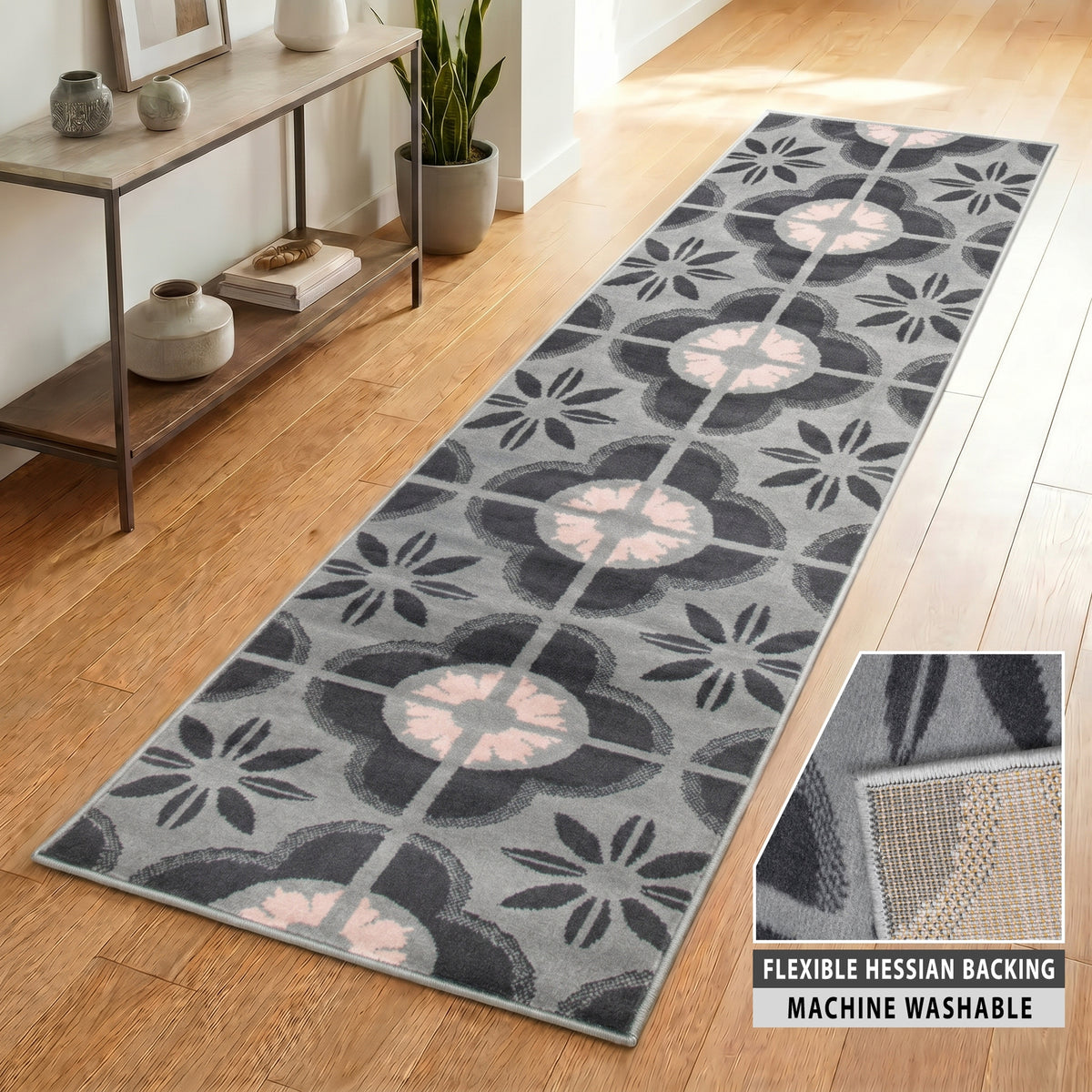 Texas Pink and Grey Floral Tile Stair Runner, Hessian Backed Hallway Runner, 60cm Wide, 9mm Low Pile, Custom Lengths