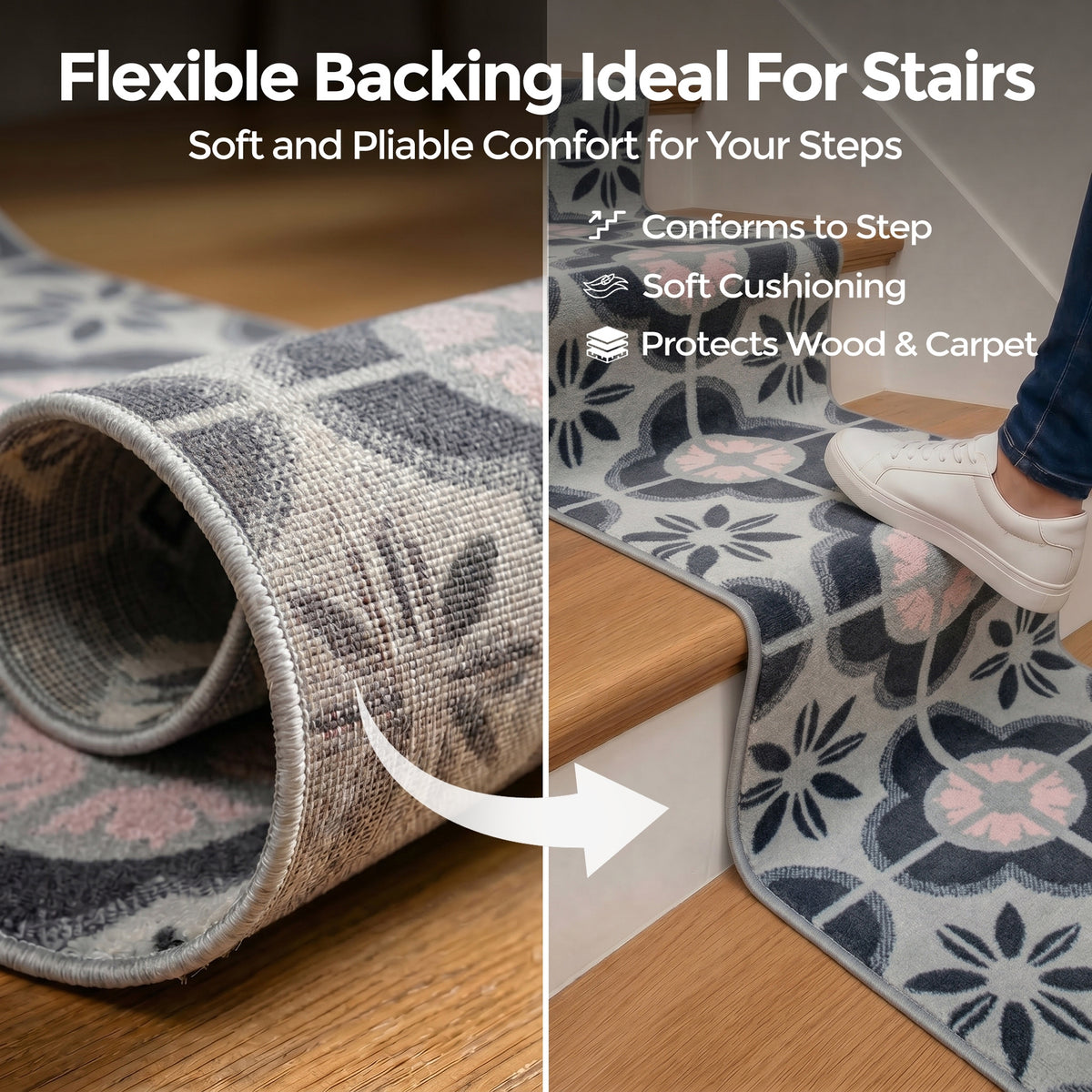Texas Pink and Grey Floral Tile Stair Runner, Hessian Backed Hallway Runner, 60cm Wide, 9mm Low Pile, Custom Lengths