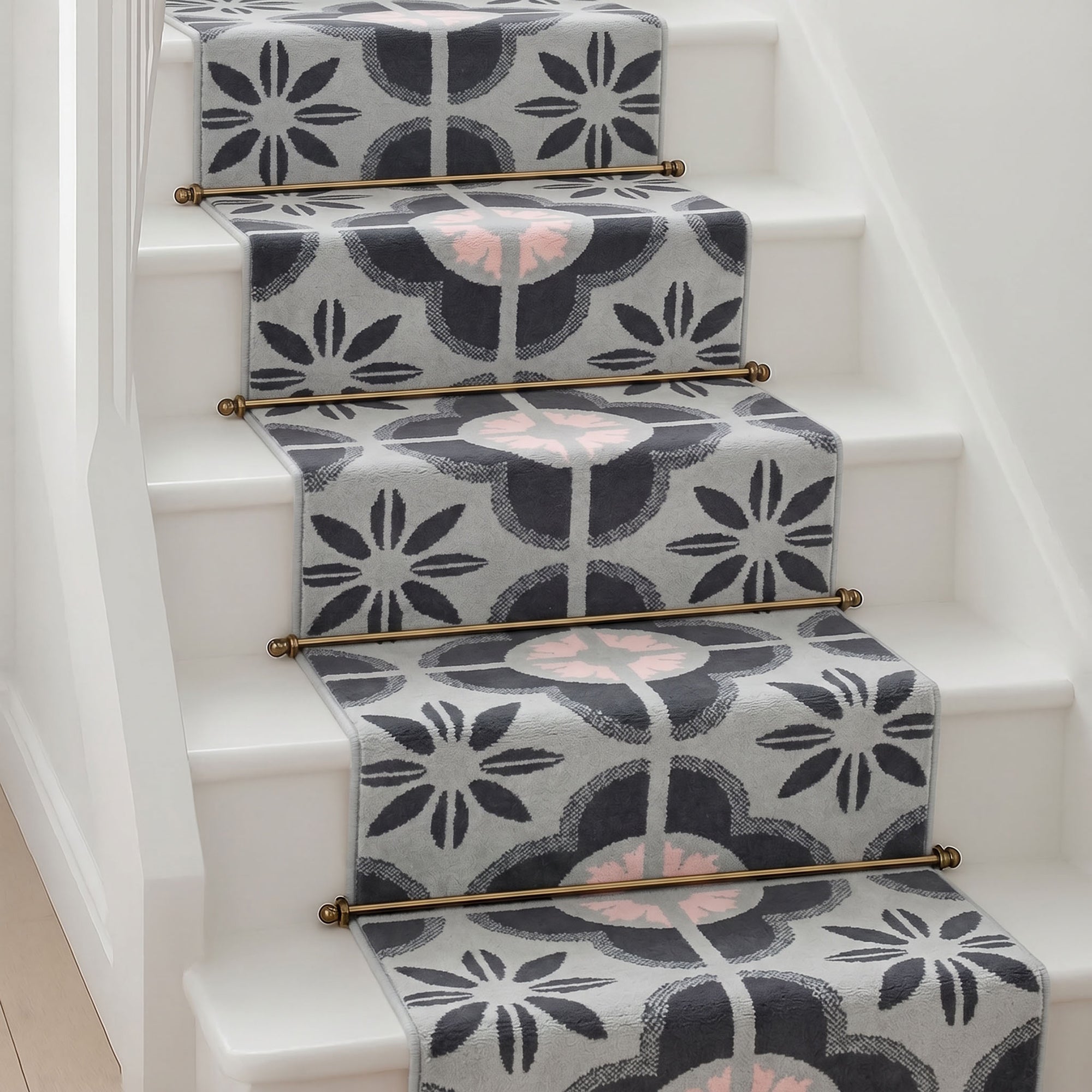 Texas Pink and Grey Floral Tile Stair Runner, Hessian Backed Hallway Runner, 60cm Wide, 9mm Low Pile, Custom Lengths