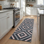 Texas Pink and Grey Geometric Tile Stair Runner, Hessian Backed Hallway Runner, 60cm Wide, 9mm Low Pile, Custom Lengths