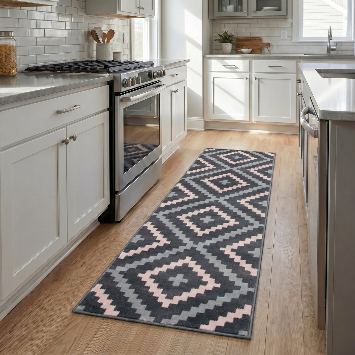Texas Pink and Grey Geometric Tile Stair Runner, Hessian Backed Hallway Runner, 60cm Wide, 9mm Low Pile, Custom Lengths