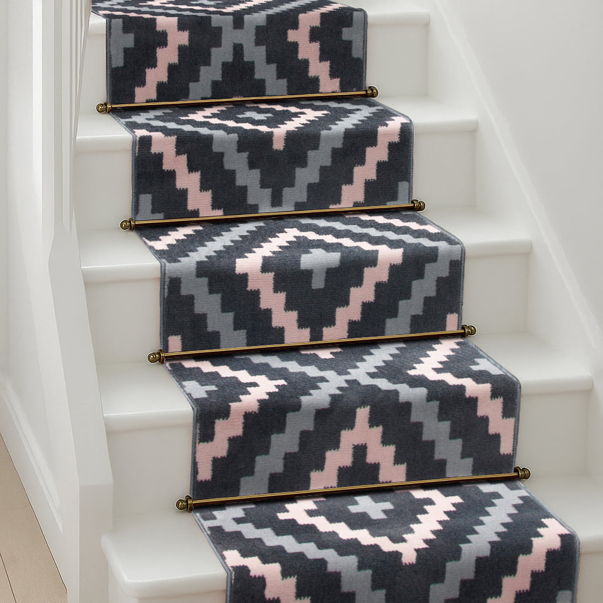 Texas Pink and Grey Geometric Tile Stair Runner, Hessian Backed Hallway Runner, 60cm Wide, 9mm Low Pile, Custom Lengths