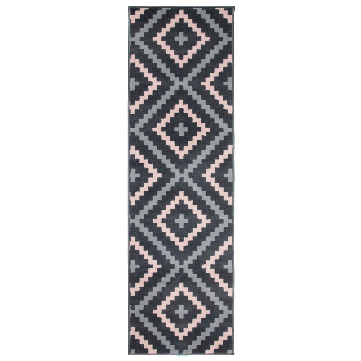 Texas Pink and Grey Geometric Tile Stair Runner, Hessian Backed Hallway Runner, 60cm Wide, 9mm Low Pile, Custom Lengths