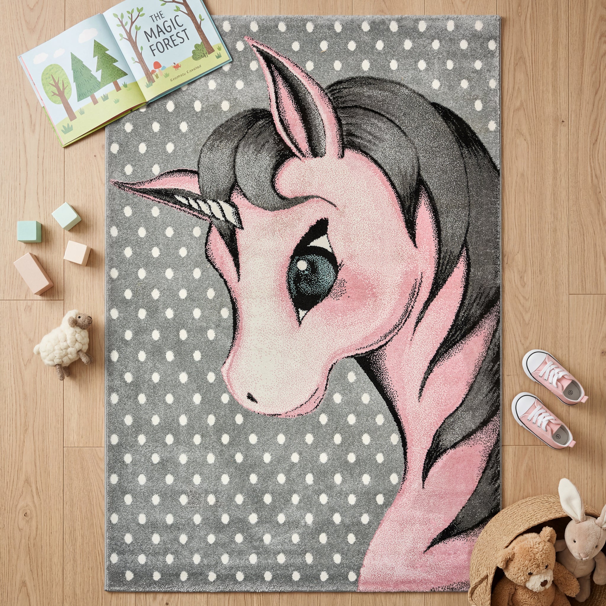 Tapis licorne à pois roses et gris - Enfants