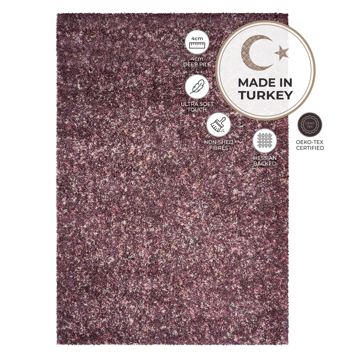 Enjoy Pink Mottled Shaggy Rug, Thick 40mm Pile, Non-Shedding Polypropylene, Hessian Backed, Multiple Sizes