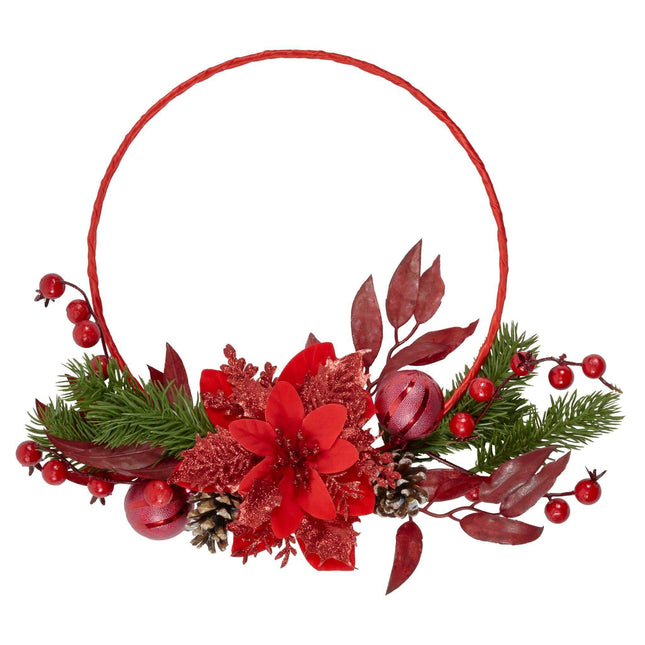 Christmas Poinsettia Bauble Wreath With Foliage - 33cm-Bargainia.com