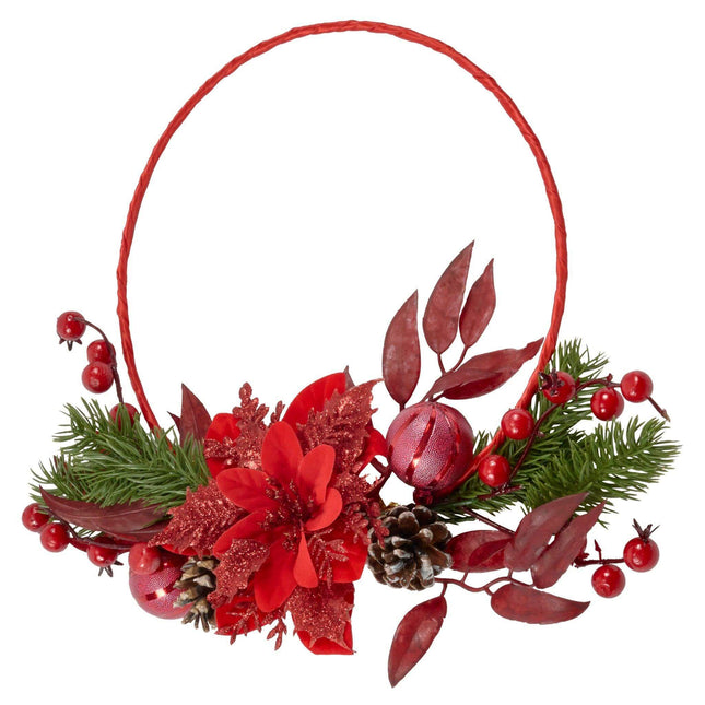 Christmas Poinsettia Bauble Wreath With Foliage - 33cm-Bargainia.com