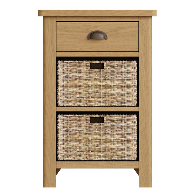 Clara Rustic Oak Side 1 Drawer 2 Wicker Baskets Side Table