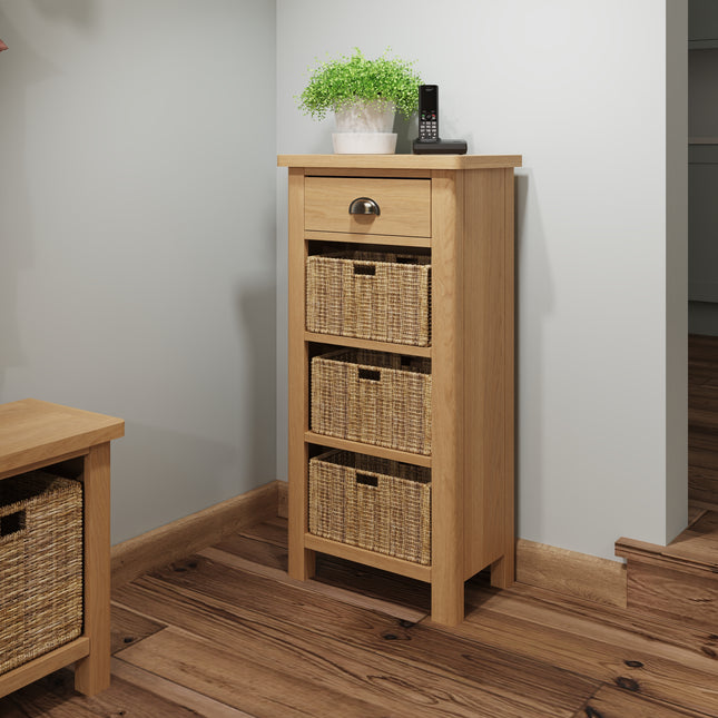 Clara Rustic Oak Storage Unit with 3 Wicker Baskets