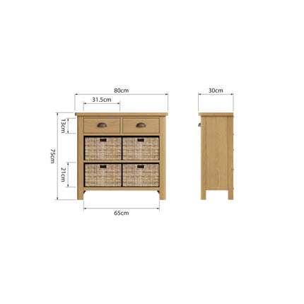 Clara Rustic Oak 2 Drawers 4 Wicker Basket Sideboard