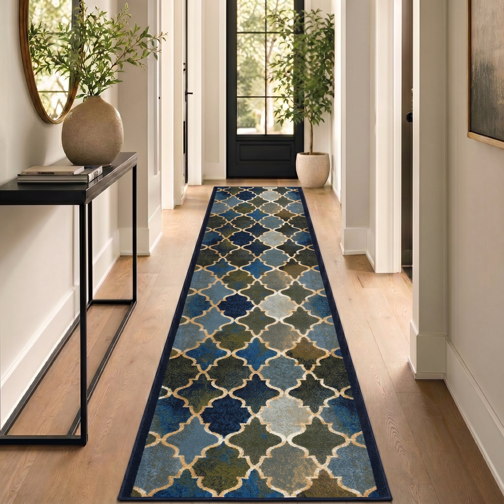 Anejo Blue Non-Slip Hallway Runner, Washable Rubber Backed Stair and Kitchen Runner, 66cm Wide, Custom Length