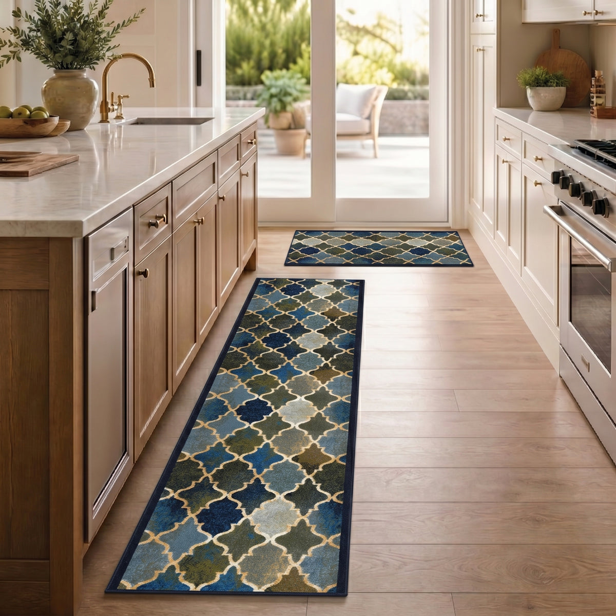 Anejo Blue Non-Slip Hallway Runner, Washable Rubber Backed Stair and Kitchen Runner, 66cm Wide, Custom Length