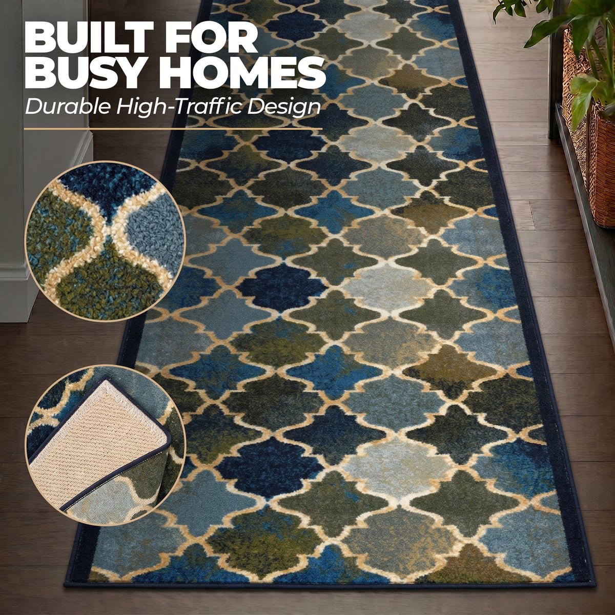 Anejo Blue Non-Slip Hallway Runner, Washable Rubber Backed Stair and Kitchen Runner, 66cm Wide, Custom Length