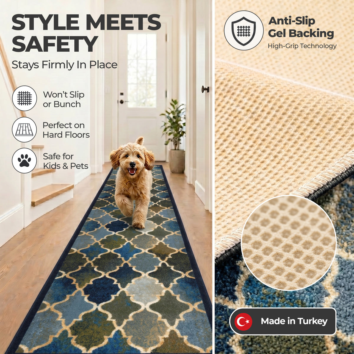 Anejo Blue Non-Slip Hallway Runner, Washable Rubber Backed Stair and Kitchen Runner, 66cm Wide, Custom Length