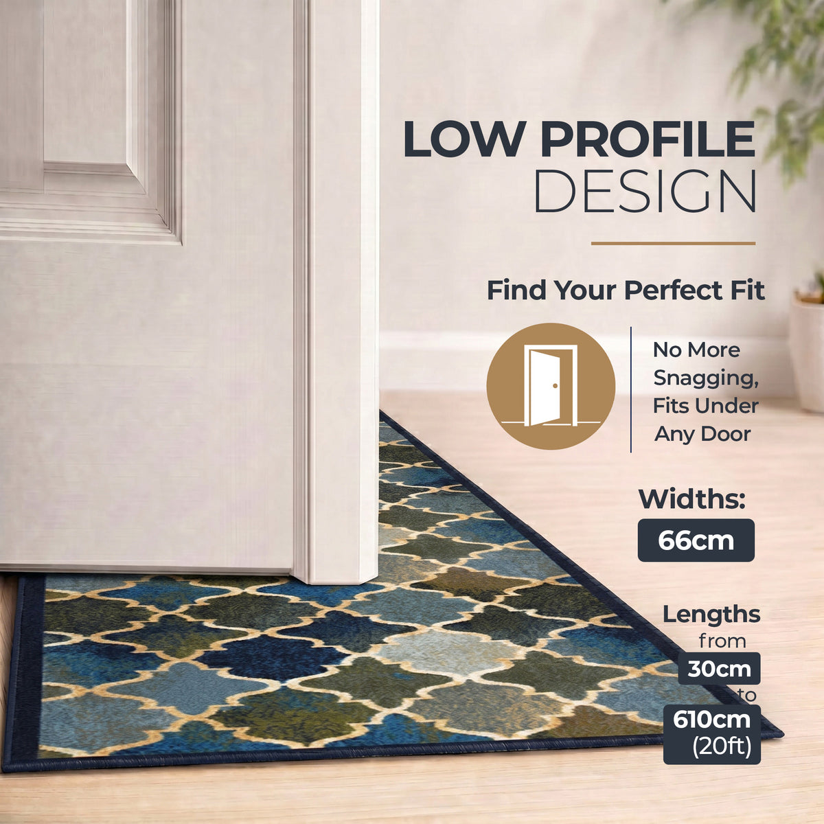 Anejo Blue Non-Slip Hallway Runner, Washable Rubber Backed Stair and Kitchen Runner, 66cm Wide, Custom Length