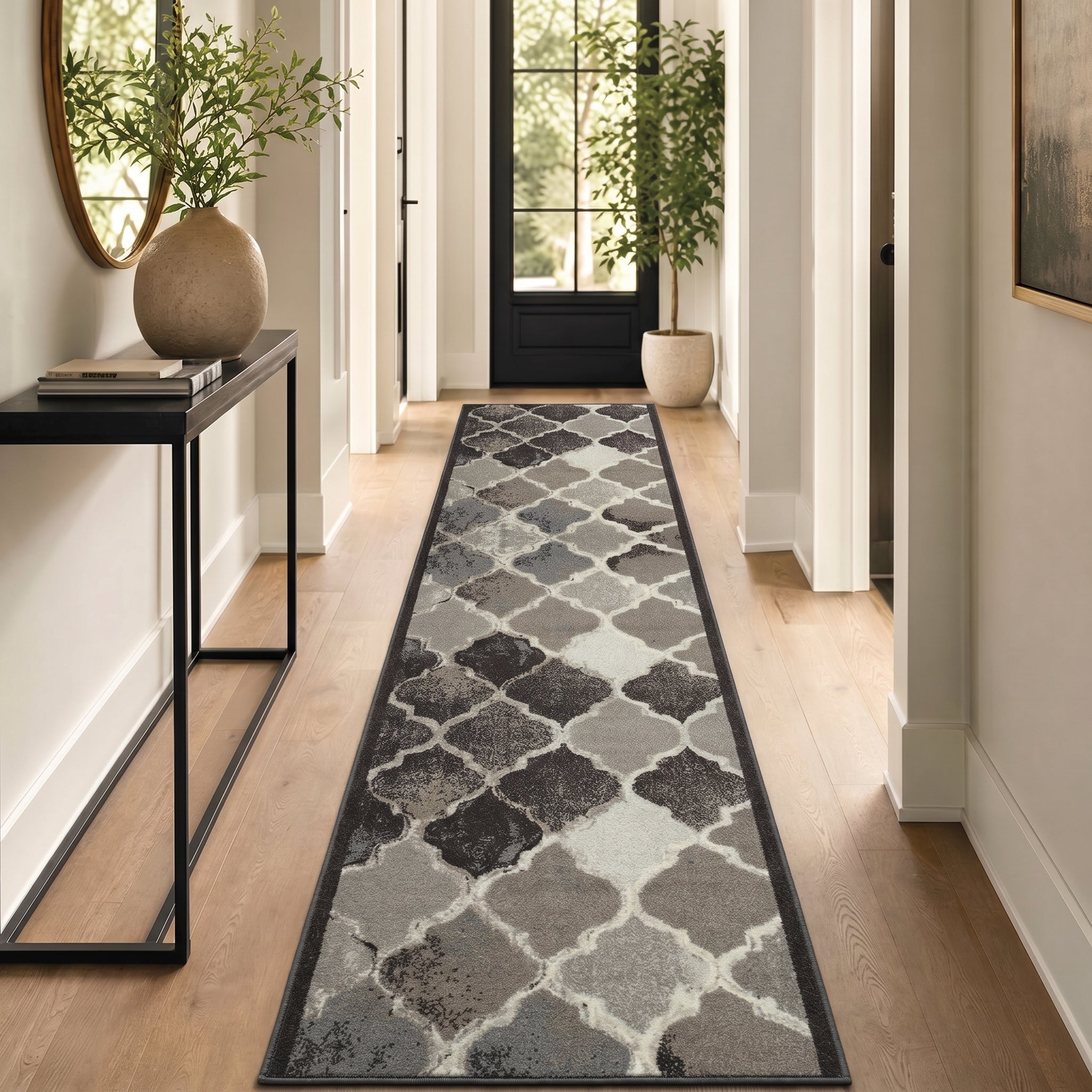 Anejo Grey Stair Runner and Kitchen Mat, Non-Slip Gel Backed Hallway Runner, 66cm Wide, Machine Washable, Custom Length