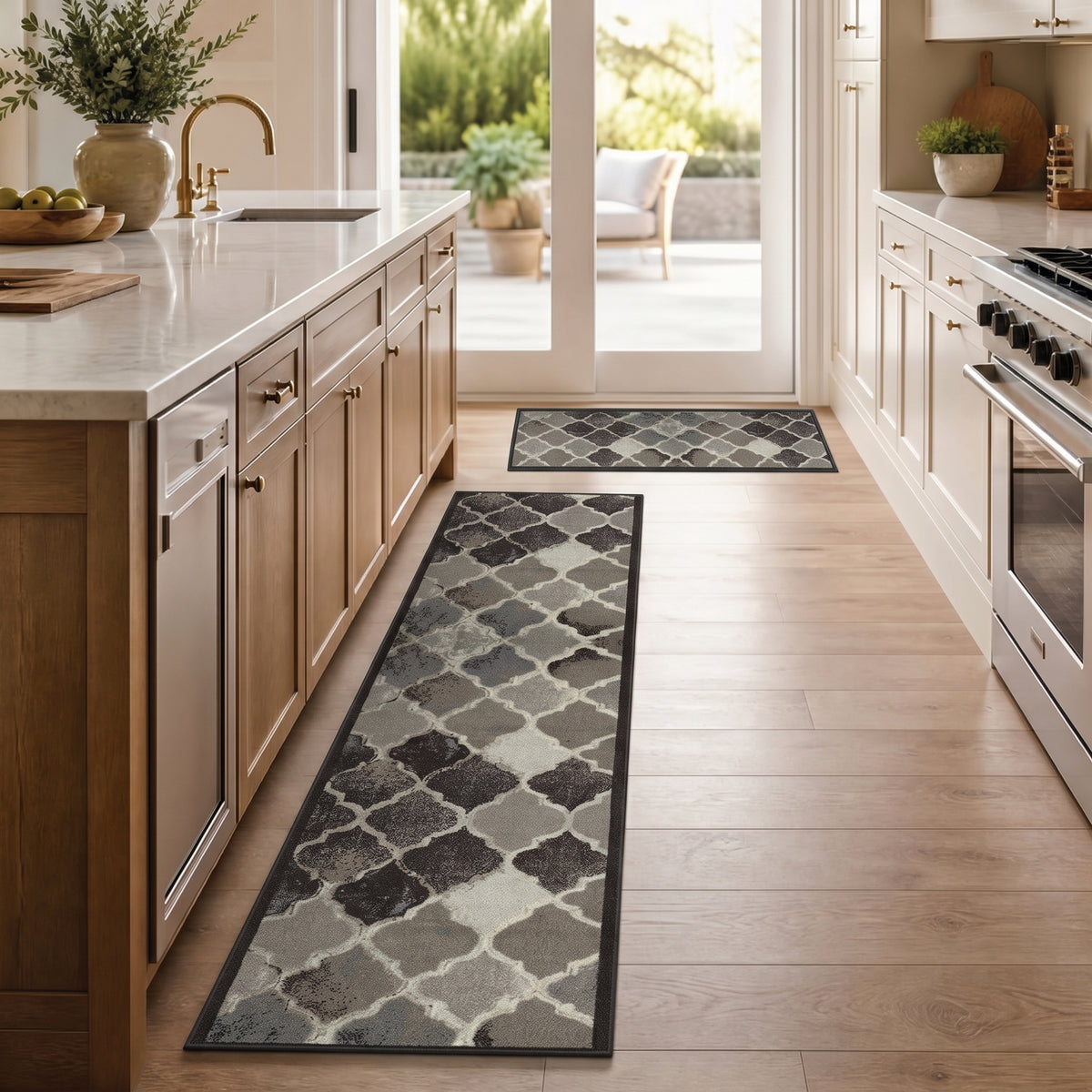 Anejo Grey Stair Runner and Kitchen Mat, Non-Slip Gel Backed Hallway Runner, 66cm Wide, Machine Washable, Custom Length