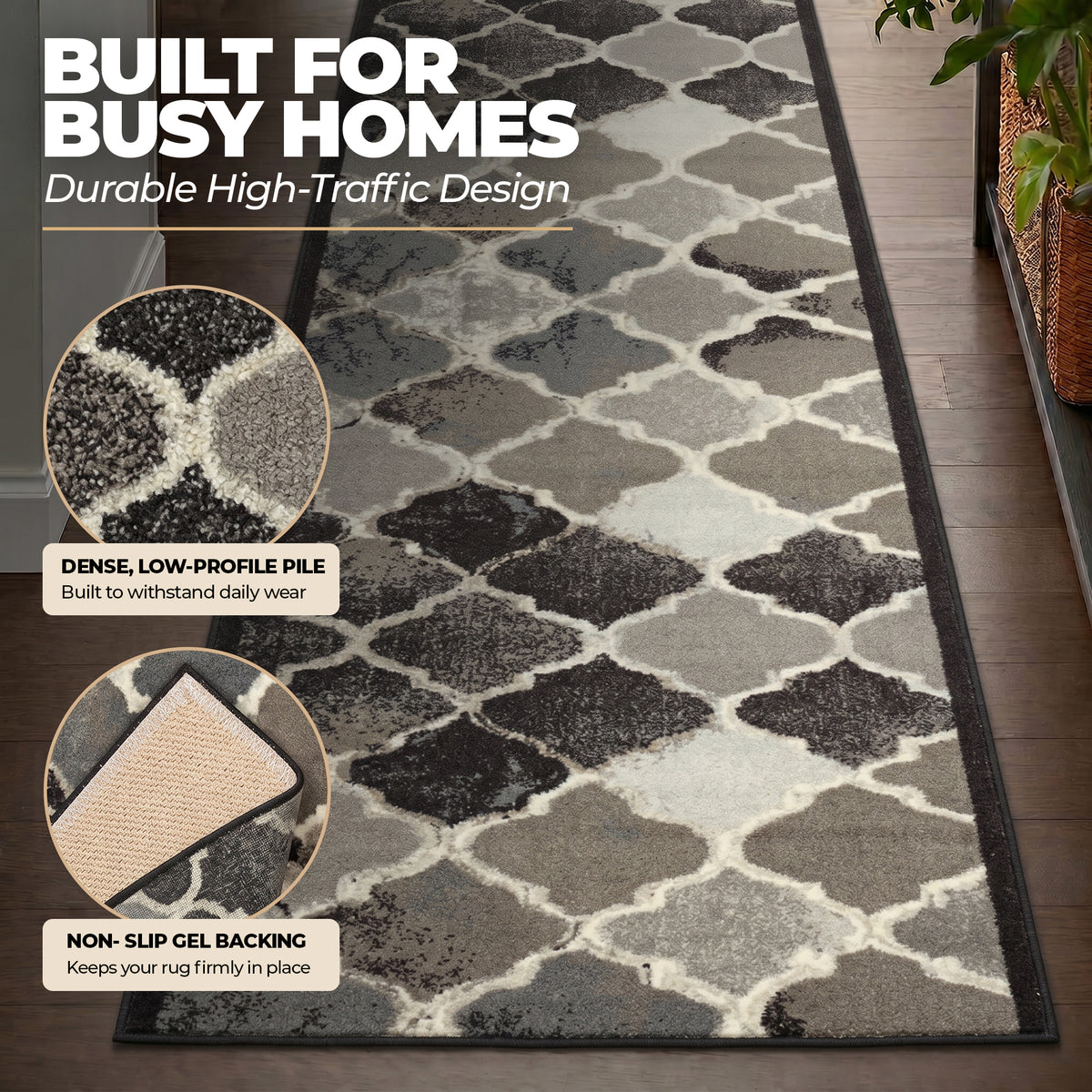 Anejo Grey Stair Runner and Kitchen Mat, Non-Slip Gel Backed Hallway Runner, 66cm Wide, Machine Washable, Custom Length