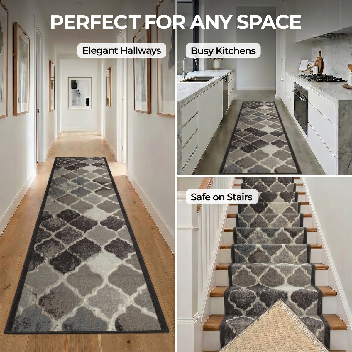 Anejo Grey Stair Runner and Kitchen Mat, Non-Slip Gel Backed Hallway Runner, 66cm Wide, Machine Washable, Custom Length