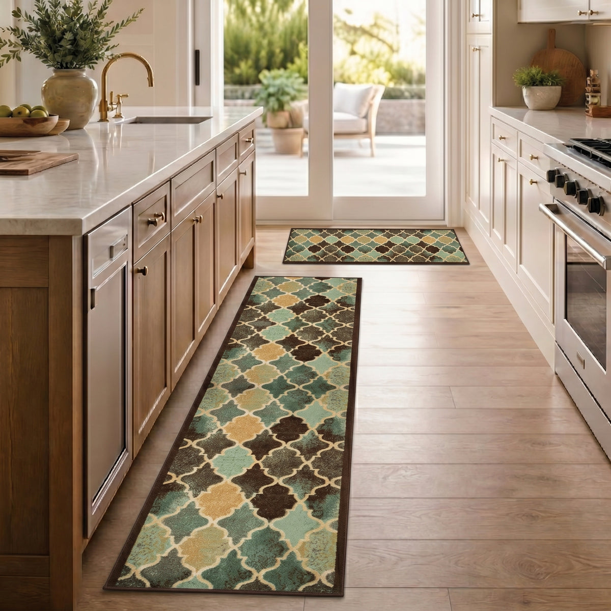 Anejo Teal Stair Runner and Hallway Runner, Geometric Non-Slip Gel Backed Kitchen Mat, Washable, Custom Lengths