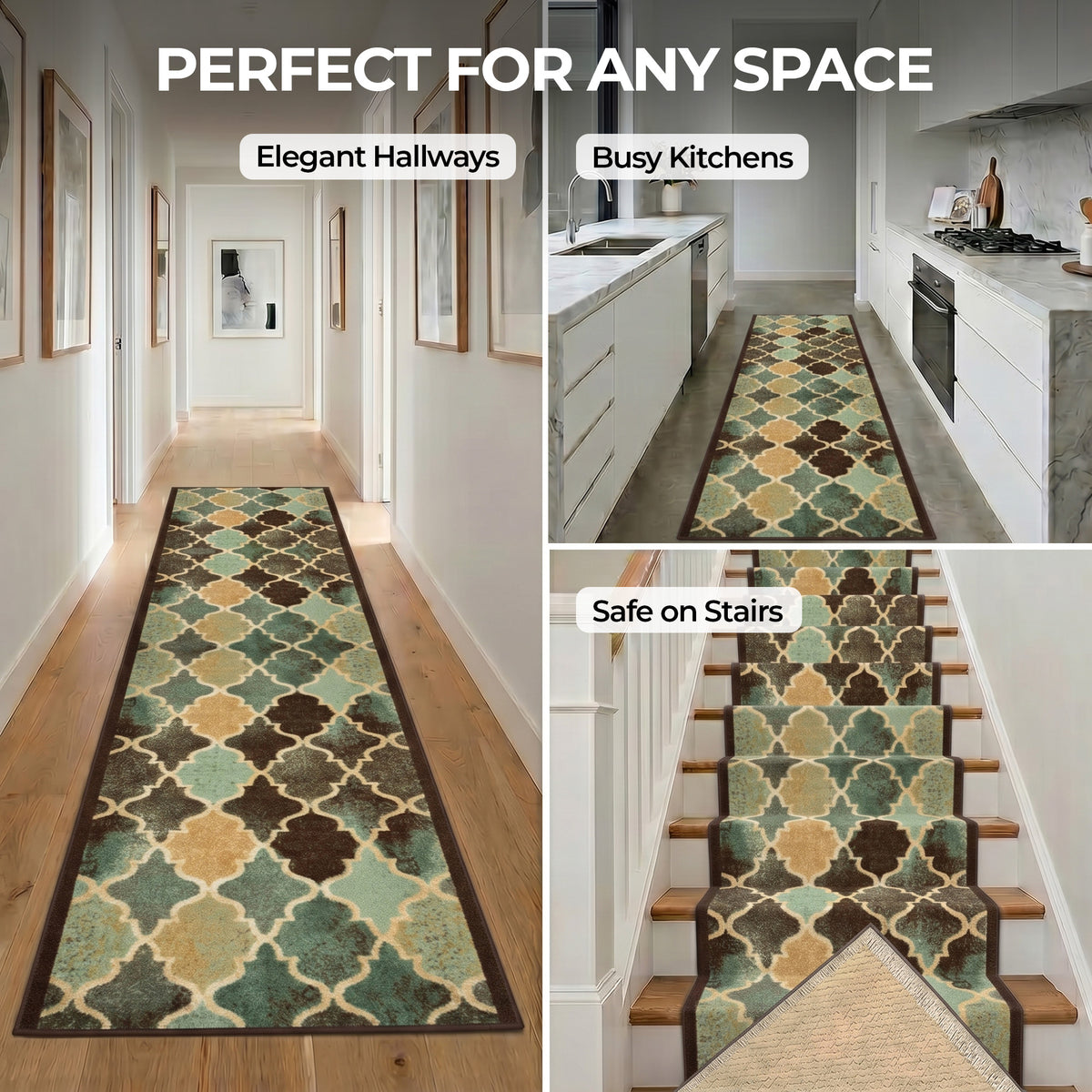 Anejo Teal Stair Runner and Hallway Runner, Geometric Non-Slip Gel Backed Kitchen Mat, Washable, Custom Lengths