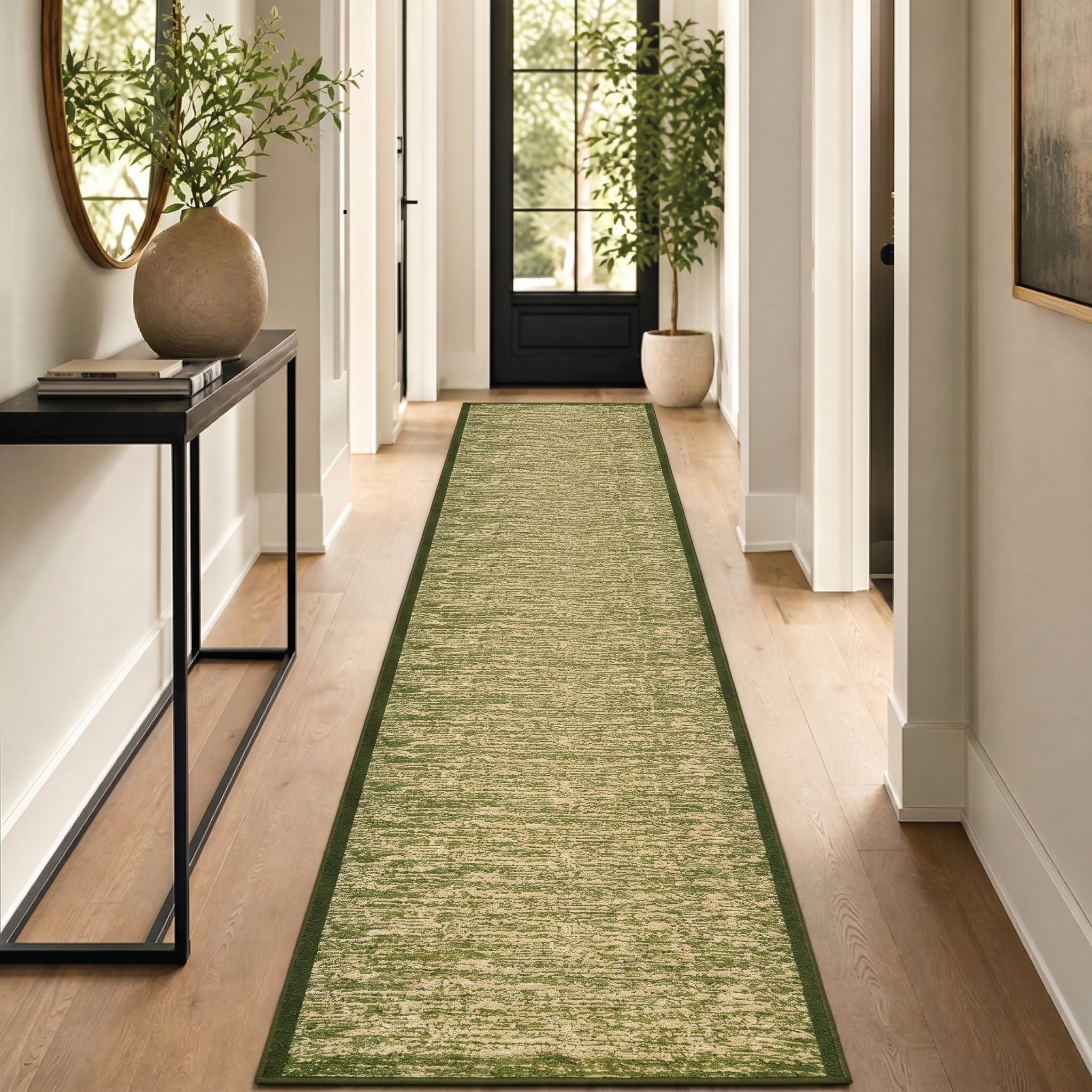 Blend Green Stair Runner and Hallway Runner, Non-Slip Gel Backed Kitchen Mat, Washable, Low 9mm Pile, Custom Lengths