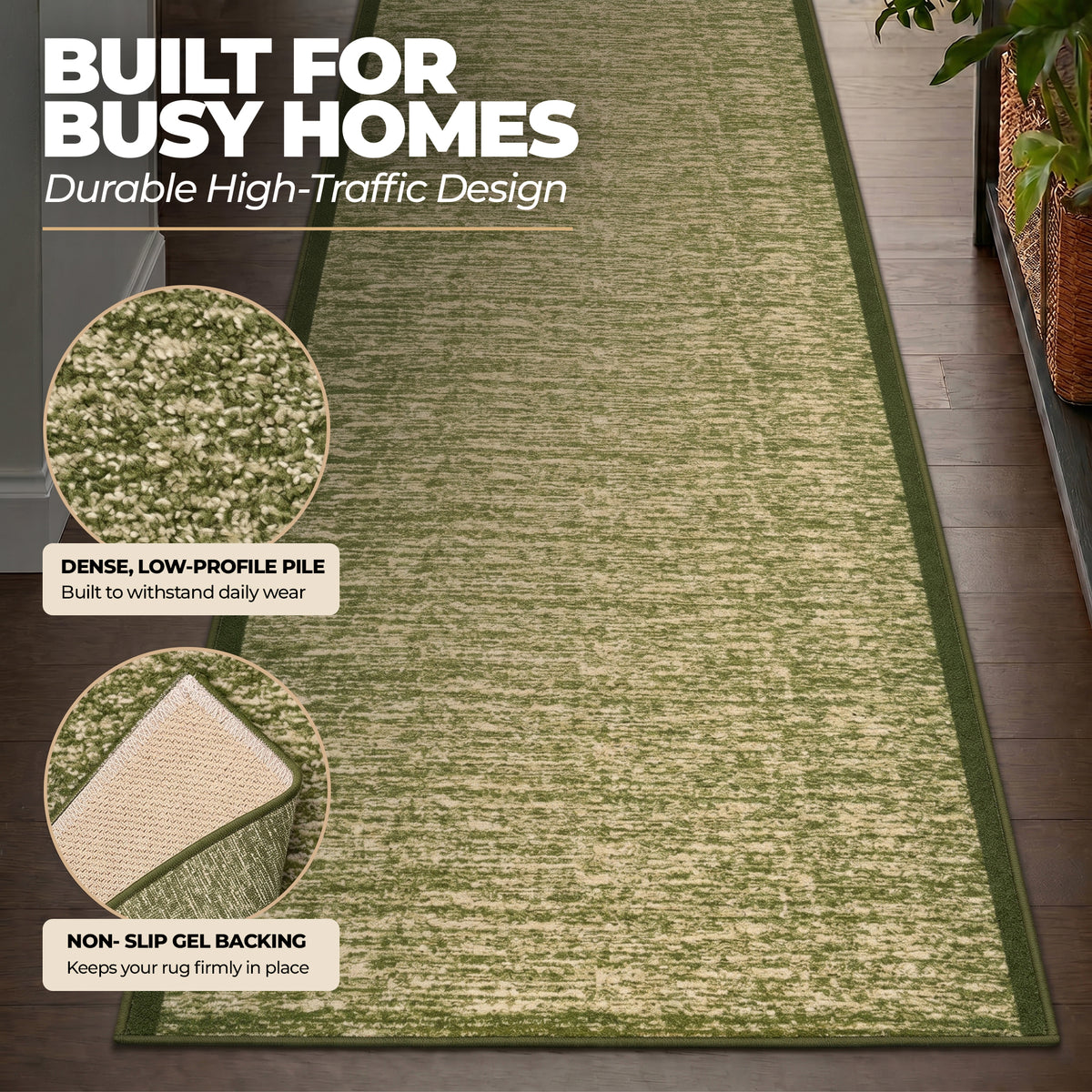 Blend Green Stair Runner and Hallway Runner, Non-Slip Gel Backed Kitchen Mat, Washable, Low 9mm Pile, Custom Lengths
