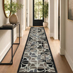 Daisy Grey Stair Runner and Hallway Runner, Patterned Non-Slip Gel Backed Kitchen Mat, Washable, Custom Lengths
