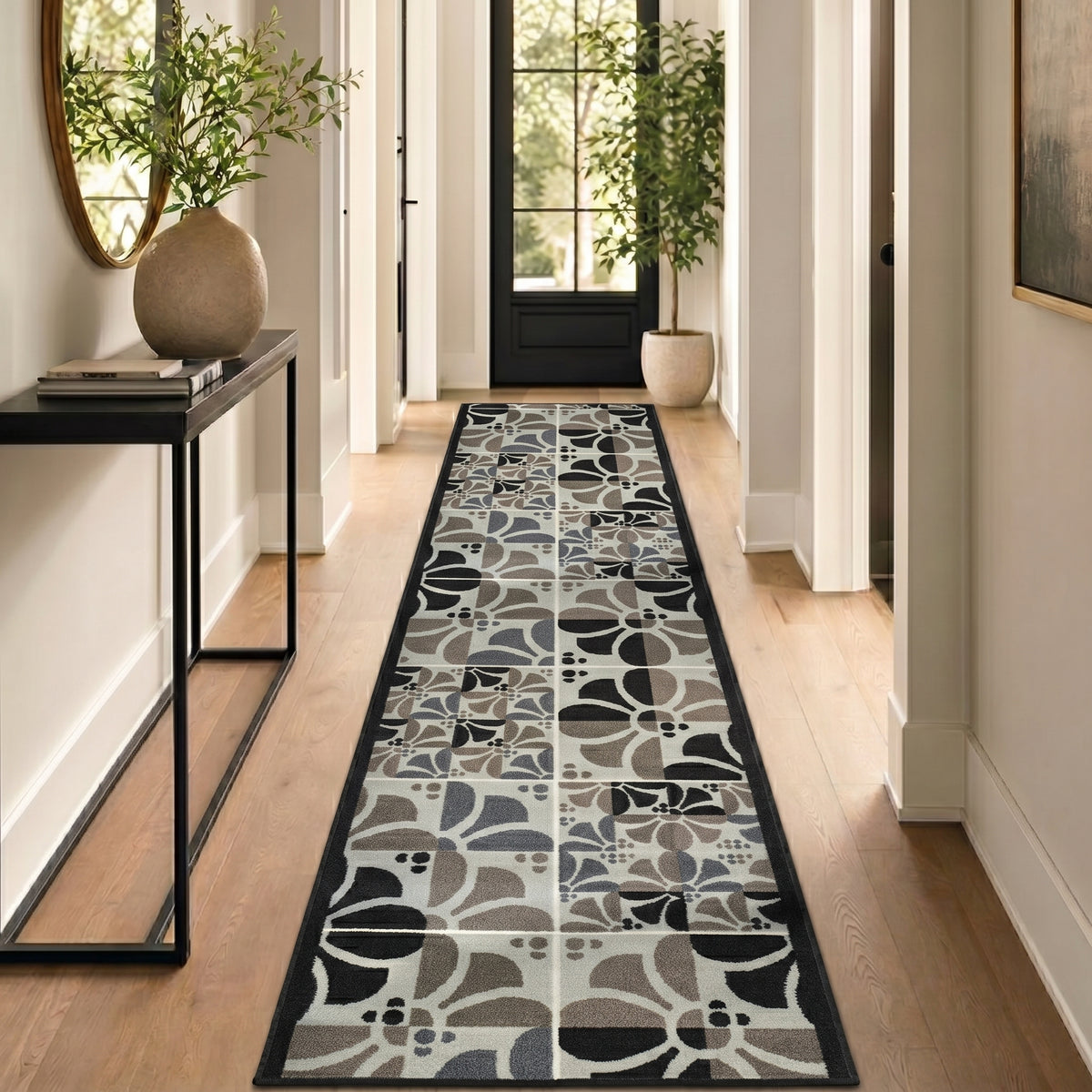 Daisy Grey Stair Runner and Hallway Runner, Patterned Non-Slip Gel Backed Kitchen Mat, Washable, Custom Lengths