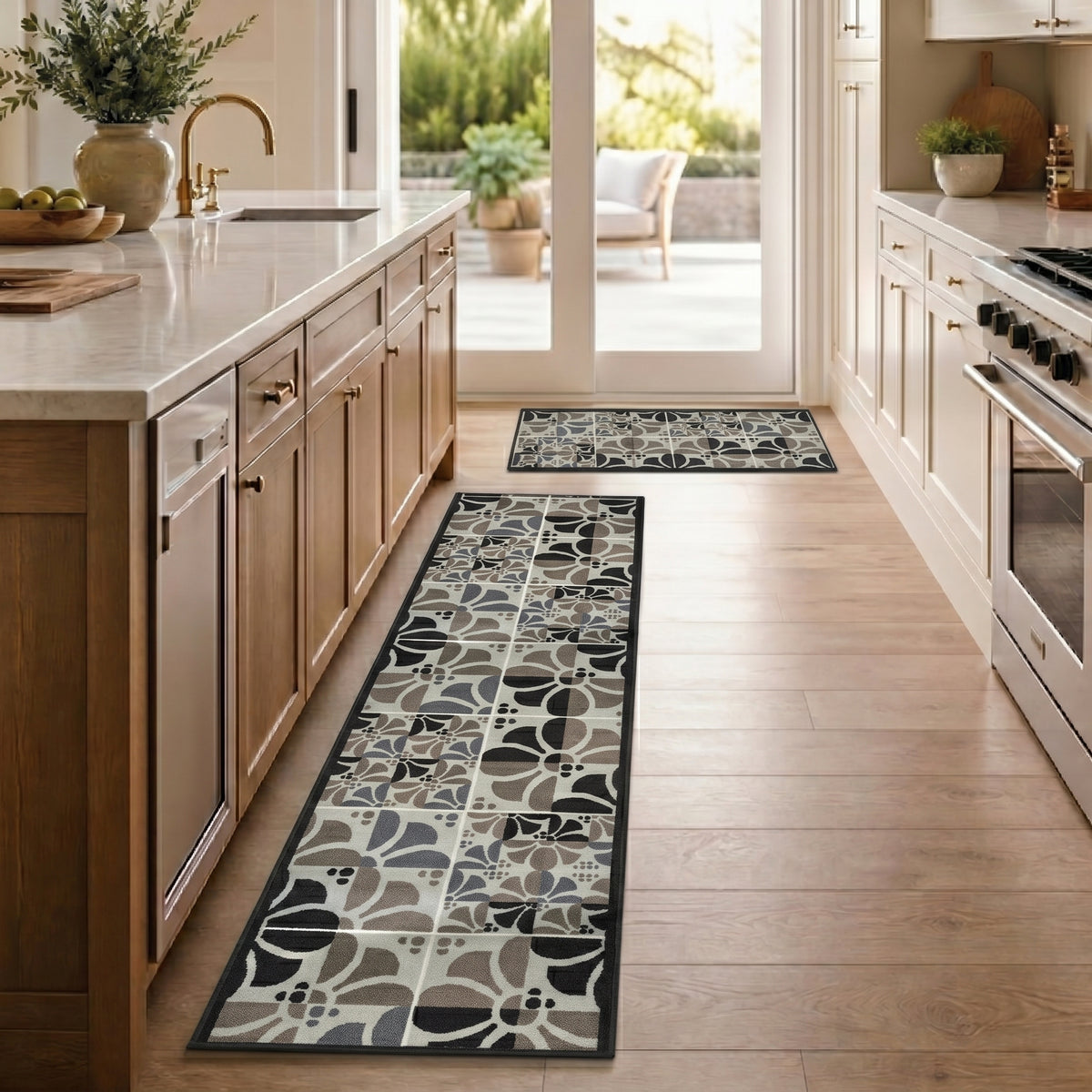 Daisy Grey Stair Runner and Hallway Runner, Patterned Non-Slip Gel Backed Kitchen Mat, Washable, Custom Lengths
