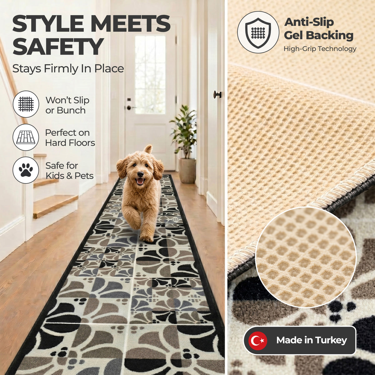 Daisy Grey Stair Runner and Hallway Runner, Patterned Non-Slip Gel Backed Kitchen Mat, Washable, Custom Lengths