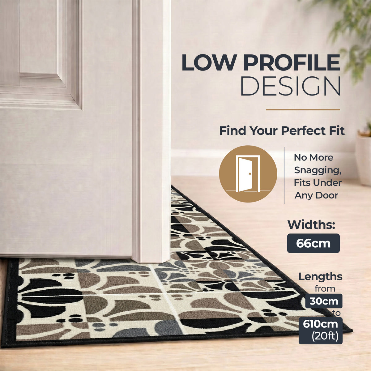 Daisy Grey Stair Runner and Hallway Runner, Patterned Non-Slip Gel Backed Kitchen Mat, Washable, Custom Lengths