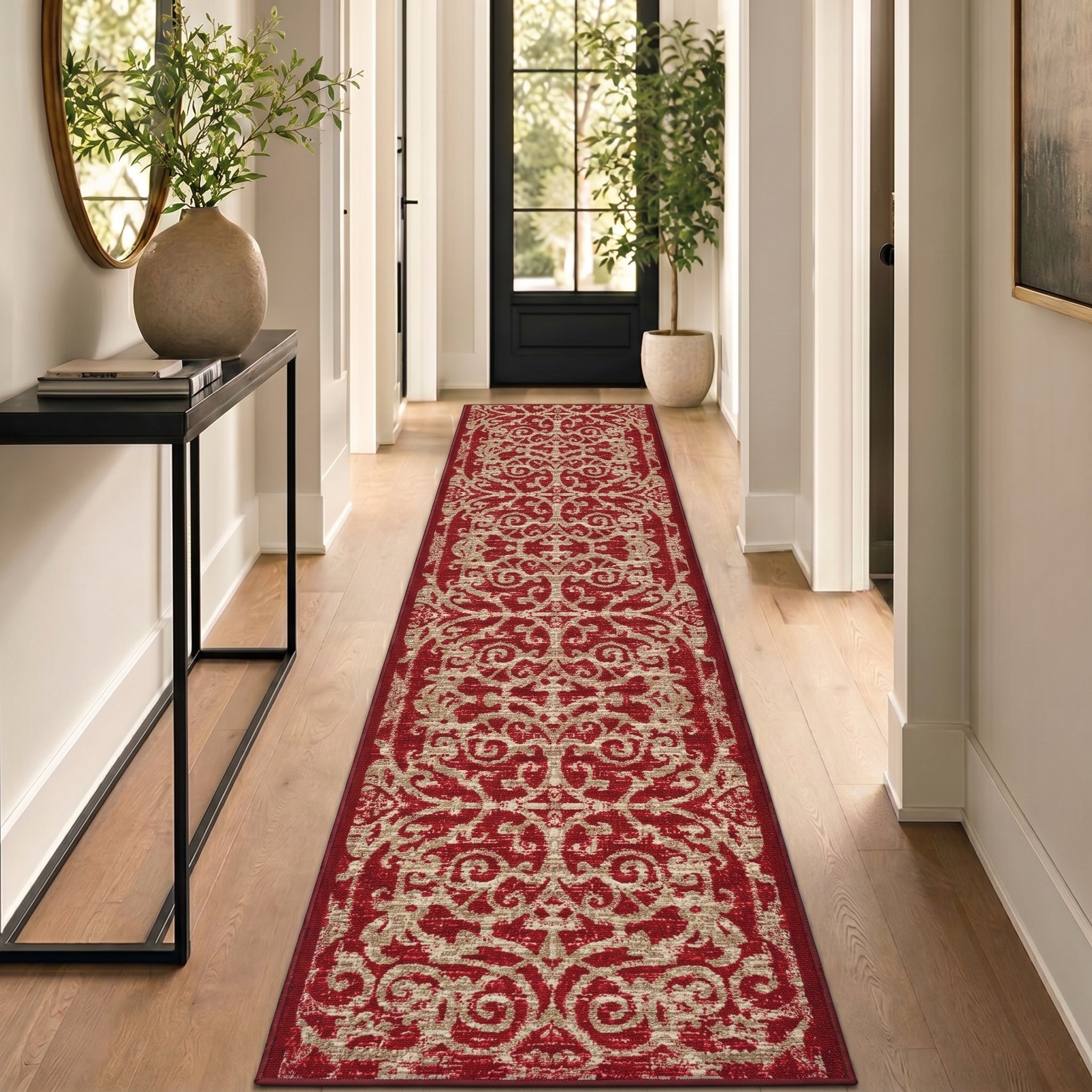 Filigree Red Stair Runner and Hallway Runner, Floral Non-Slip Gel Backed Kitchen Mat, Washable, Custom Lengths