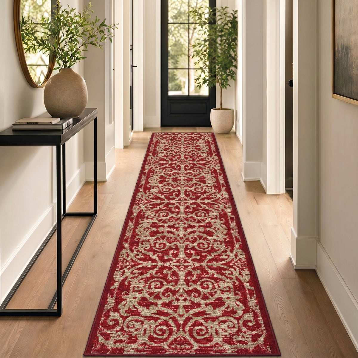 Filigree Red Stair Runner and Hallway Runner, Floral Non-Slip Gel Backed Kitchen Mat, Washable, Custom Lengths