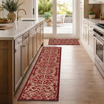 Filigree Red Stair Runner and Hallway Runner, Floral Non-Slip Gel Backed Kitchen Mat, Washable, Custom Lengths