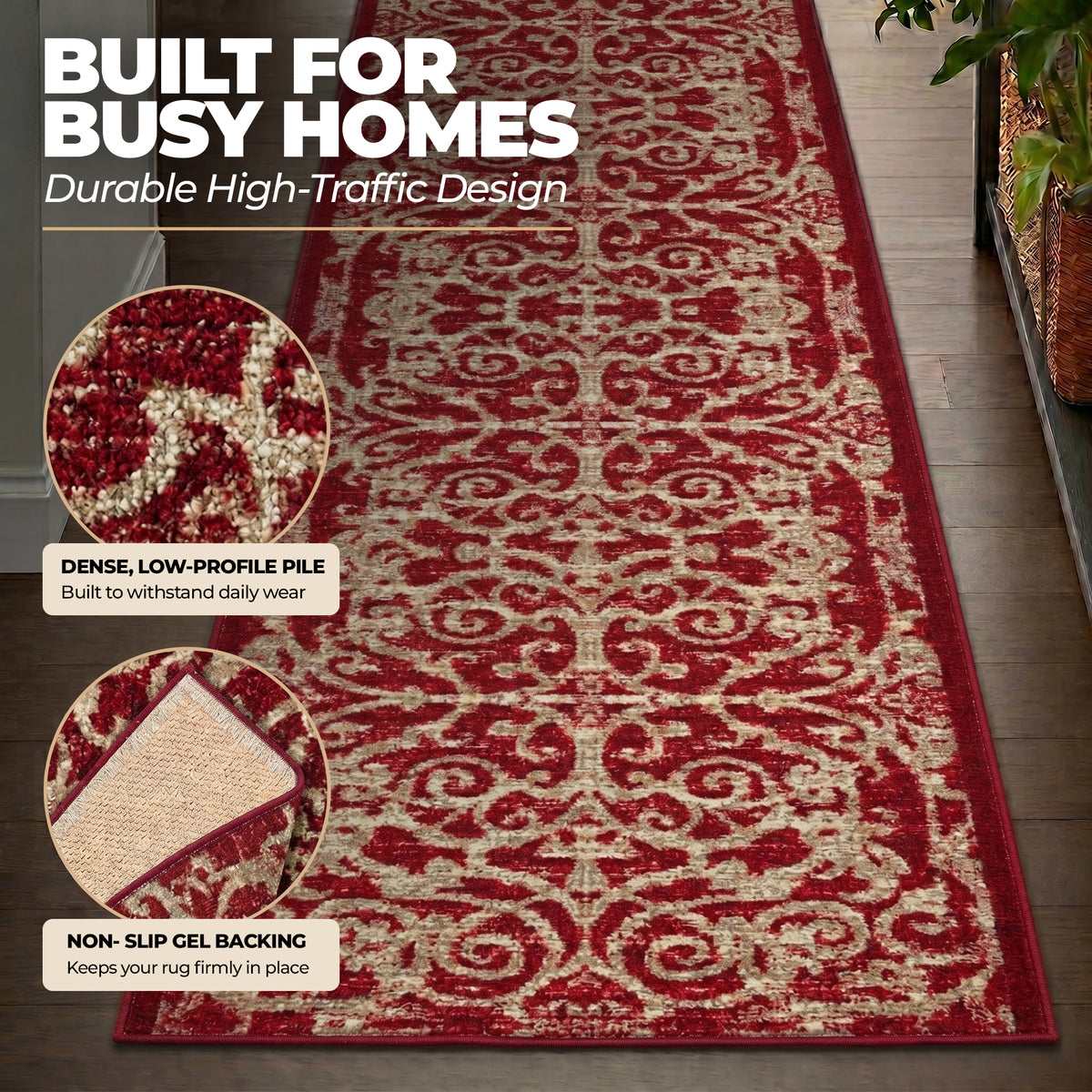 Filigree Red Stair Runner and Hallway Runner, Floral Non-Slip Gel Backed Kitchen Mat, Washable, Custom Lengths