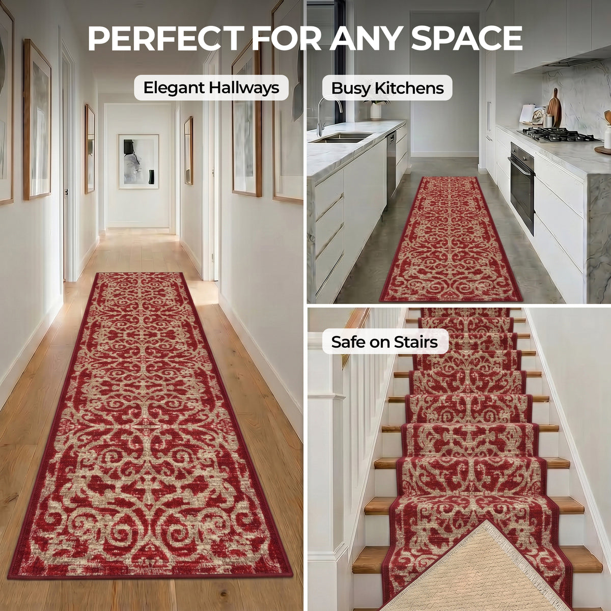 Filigree Red Stair Runner and Hallway Runner, Floral Non-Slip Gel Backed Kitchen Mat, Washable, Custom Lengths