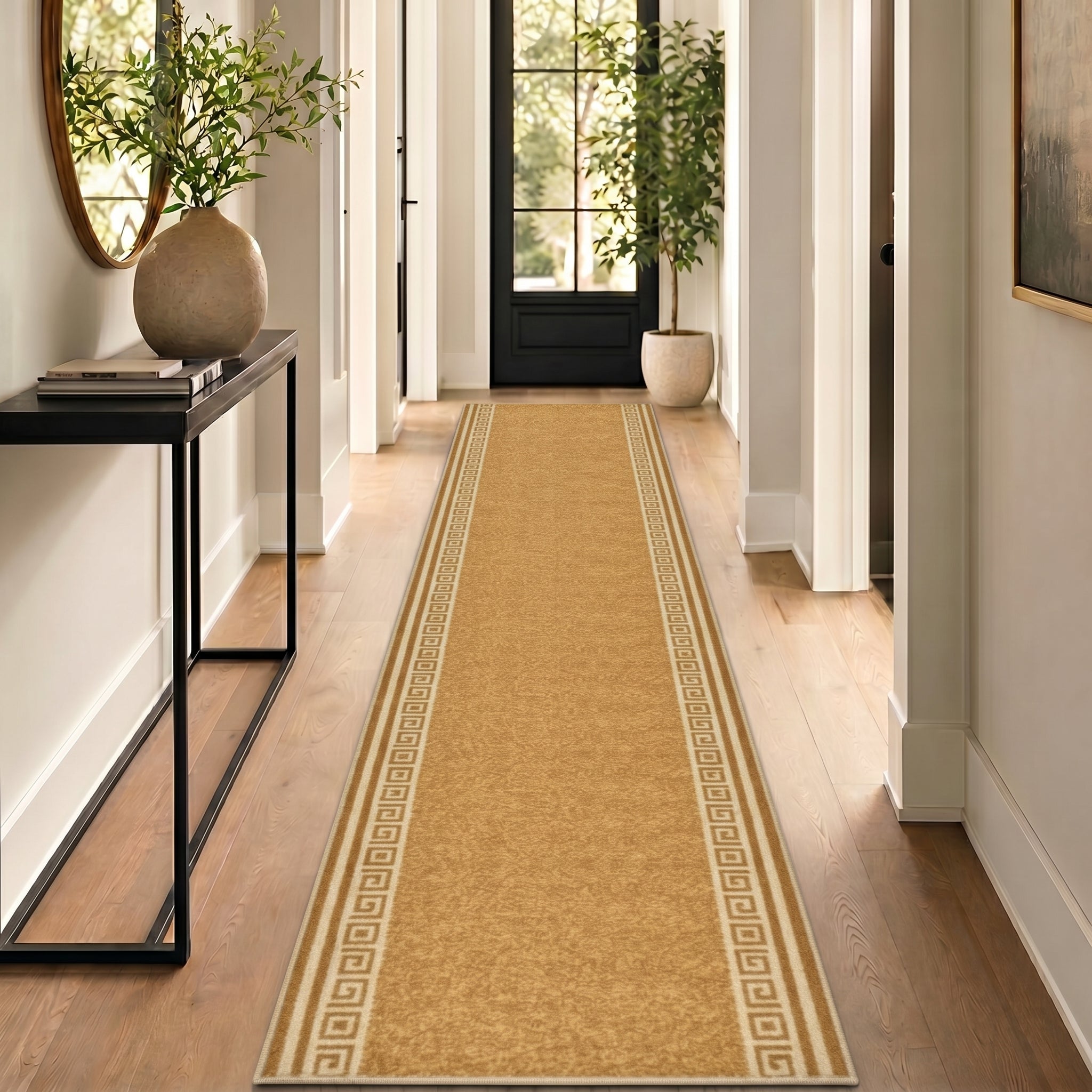 Greek Beige Luna Stair Runner and Kitchen Mat, Swirl Border Non-Slip Hallway Runner, 66cm Wide, Washable, Custom Length