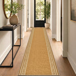 Greek Beige Luna Stair Runner and Kitchen Mat, Swirl Border Non-Slip Hallway Runner, 66cm Wide, Washable, Custom Length