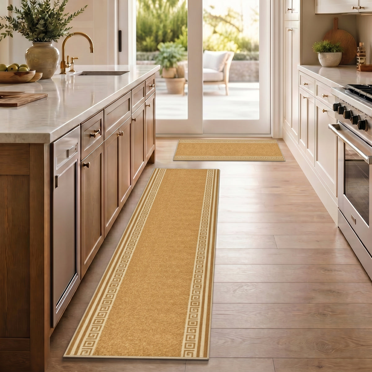 Greek Beige Luna Stair Runner and Kitchen Mat, Swirl Border Non-Slip Hallway Runner, 66cm Wide, Washable, Custom Length