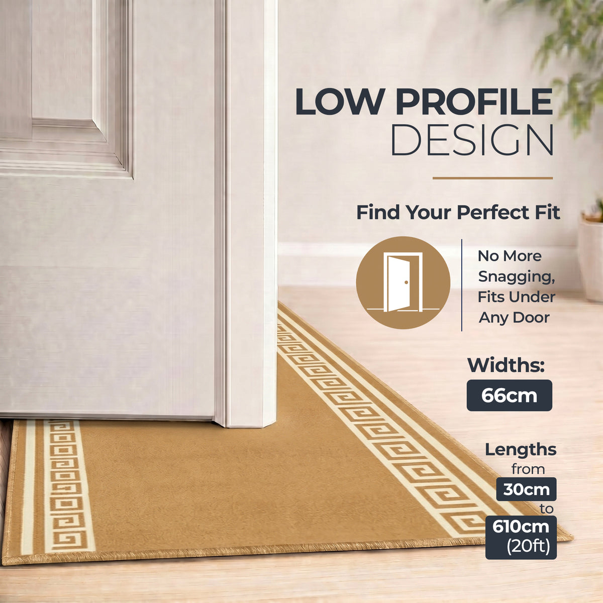 Greek Beige Luna Stair Runner and Kitchen Mat, Swirl Border Non-Slip Hallway Runner, 66cm Wide, Washable, Custom Length