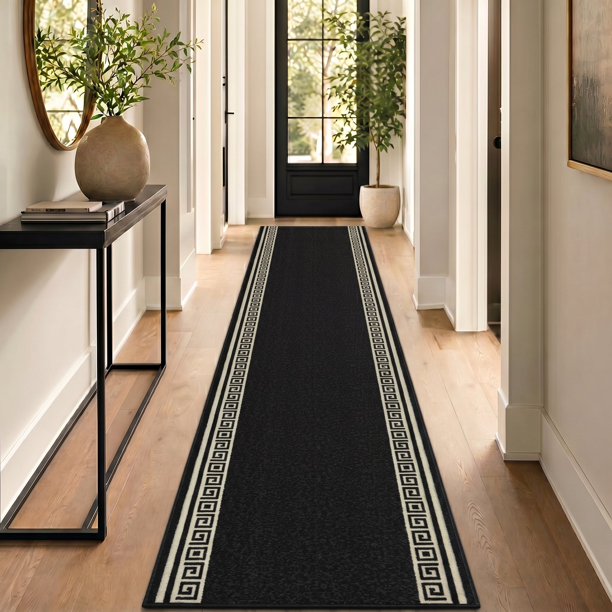Greek Black and White Border Stair Runner, Non-Slip Gel Backed Hallway Runner and Kitchen Mat, Washable, Custom Lengths