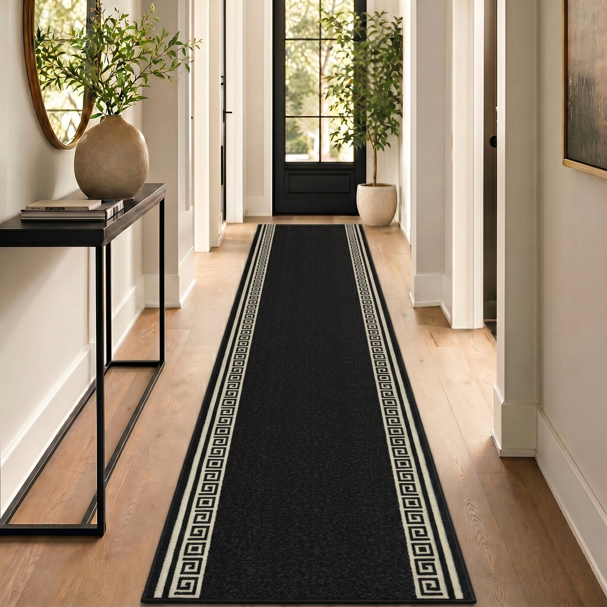 Greek Black and White Border Stair Runner, Non-Slip Gel Backed Hallway Runner and Kitchen Mat, Washable, Custom Lengths