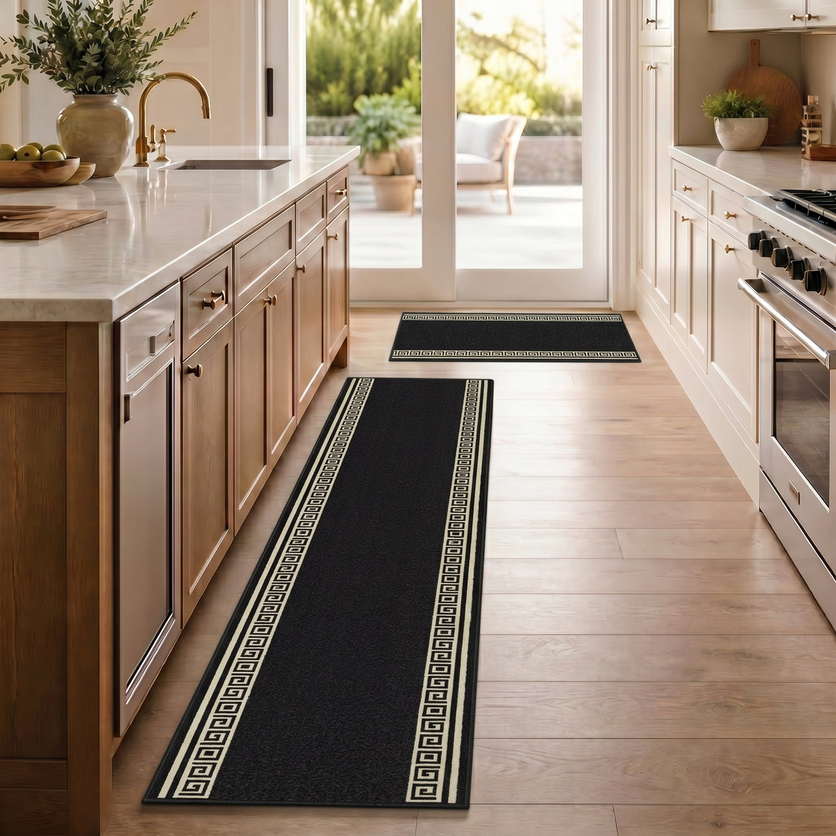 Greek Black and White Border Stair Runner, Non-Slip Gel Backed Hallway Runner and Kitchen Mat, Washable, Custom Lengths
