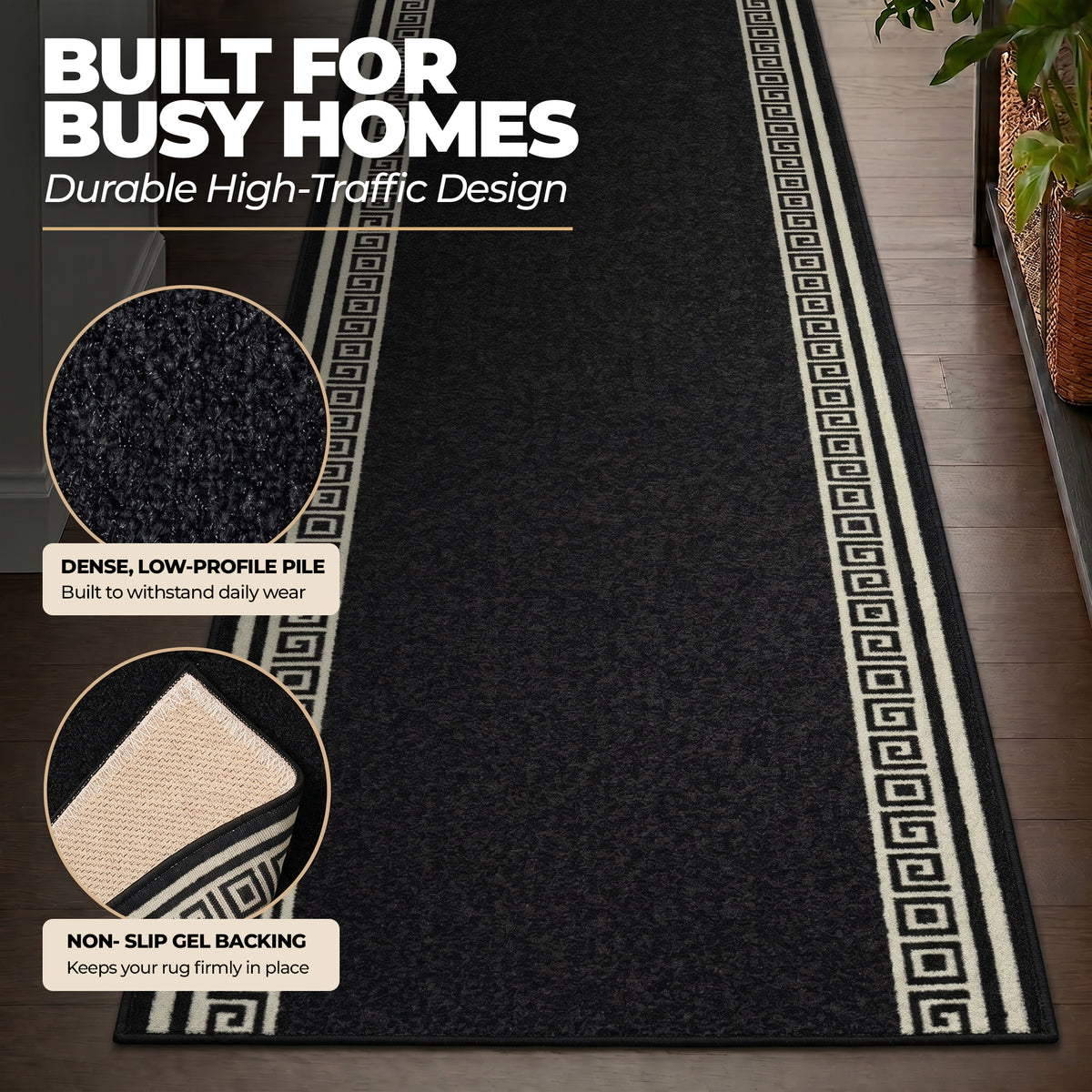 Greek Black and White Border Stair Runner, Non-Slip Gel Backed Hallway Runner and Kitchen Mat, Washable, Custom Lengths
