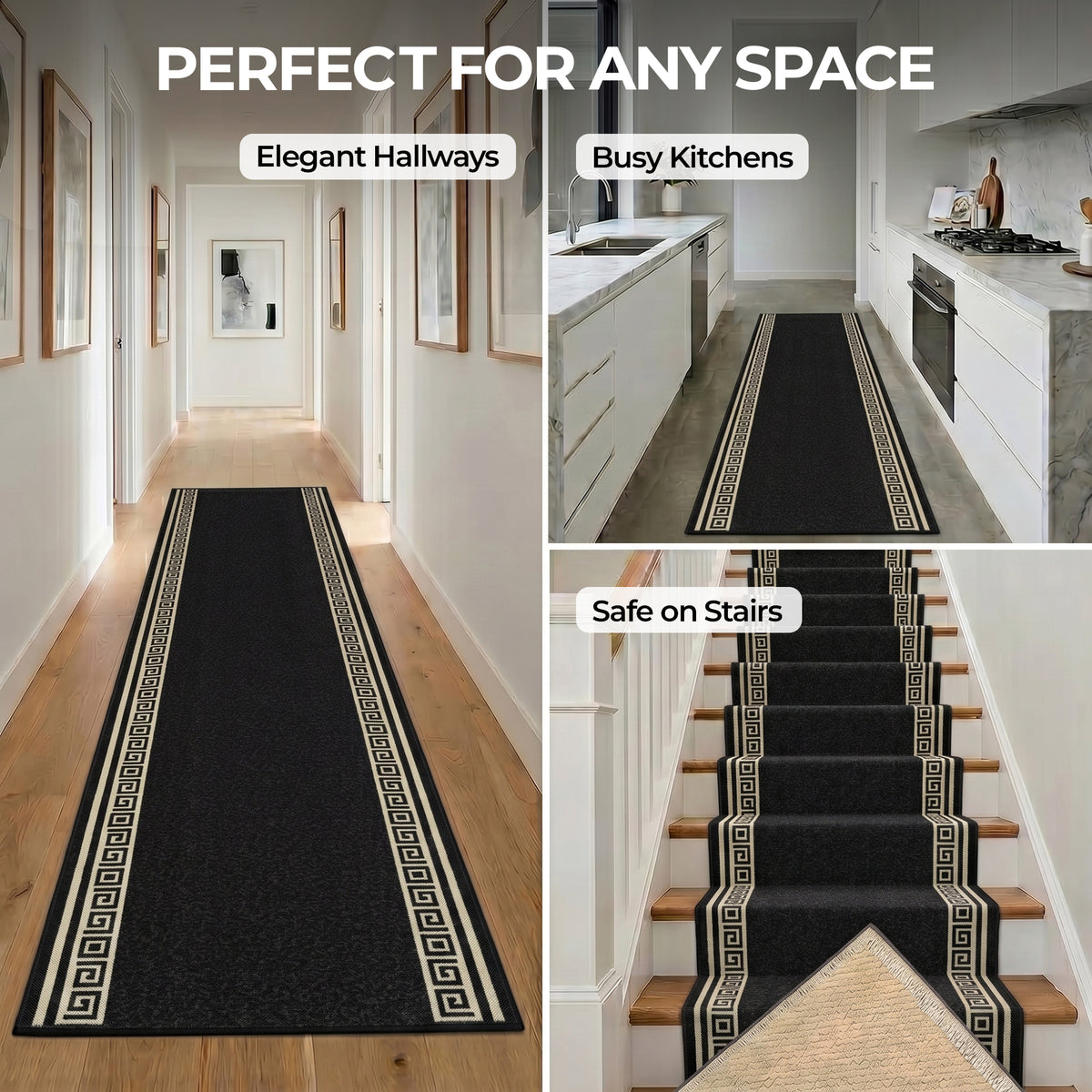Greek Black and White Border Stair Runner, Non-Slip Gel Backed Hallway Runner and Kitchen Mat, Washable, Custom Lengths