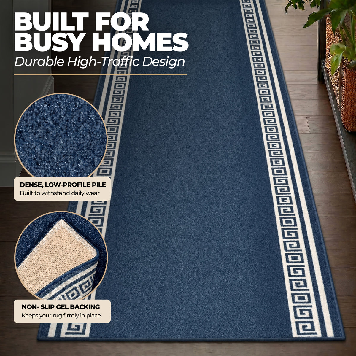 Blue Luna Non-Slip Stair Runner, Machine Washable Hallway and Kitchen Runner Rug, Gel Backed, 66cm Wide, Custom Lengths